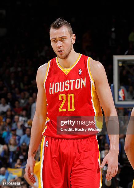 Donatas Motiejunas of the Houston Rockets against the Golden State Warriors on March 8, 2013 at Oracle Arena in Oakland, California. NOTE TO USER:...