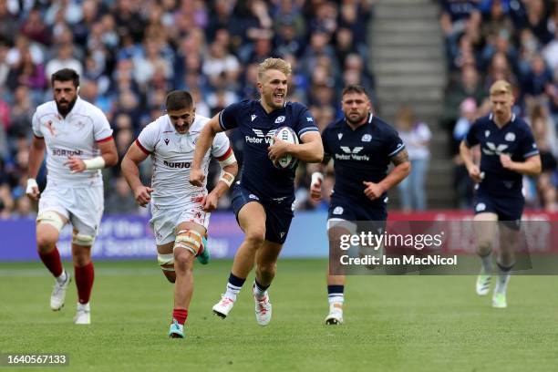 Chris Harris of Scotlandbreaks with the ball during the Summer International match between Scotland and Georgia at BT Murrayfield Stadium on August...