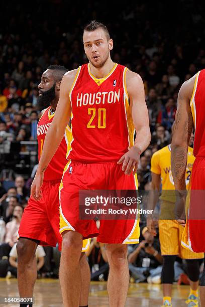 Donatas Motiejunas of the Houston Rockets against the Golden State Warriors on March 8, 2013 at Oracle Arena in Oakland, California. NOTE TO USER:...