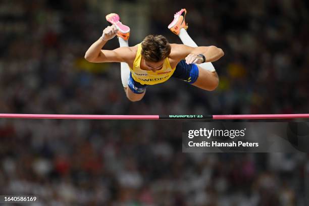 Armand Duplantis of Team Sweden competes in the Men's Pole Vault Final during day eight of the World Athletics Championships Budapest 2023 at...