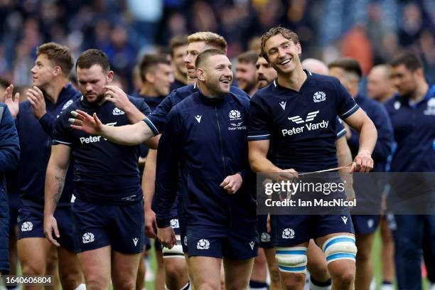 Finn Russell and Jamie Ritchie of Scotland celebrate at full-time following the Summer International match between Scotland and Georgia at BT...