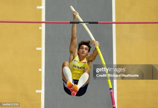 Armand Duplantis of Team Sweden competes in the Men's Pole Vault Final during day eight of the World Athletics Championships Budapest 2023 at...