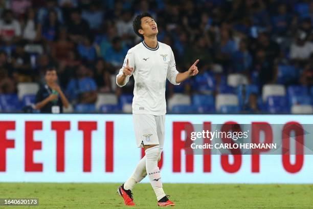 Lazio's Japanese midfielder Daichi Kamada celebrates after scoring the team's second goal during the Italian Serie A football match SSC Napoli vs SS...
