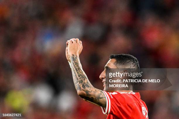 Benfica's Argentinian forward Angel Di Maria celebrates after scoring a goal during the Portuguese league football match between SL Benfica and...