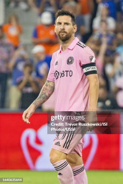 Lionel Messi of Inter Miami celebrates his made penalty in the game against FC Cincinnati at TQL Stadium on August 23, 2023 in Cincinnati, Ohio.