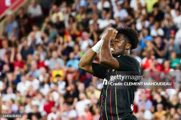 Lens' French forward Elye Wahi reacts during the French L1 football match between AS Monaco and RC Lens at the Louis II Stadium in the Principality...