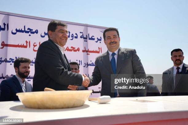 Iraqi Prime Minister Mohammed Shia al-Sudani and first Vice President of Iran Mohammad Mokhber attend ceremony of construction of a 32-kilometer...