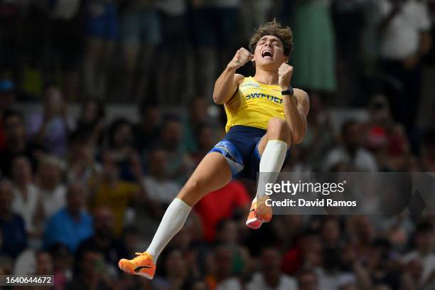 Armand Duplantis of Team Sweden reacts in the Men's Pole Vault Final during day eight of the World Athletics Championships Budapest 2023 at National...