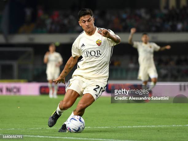 Paulo Dybala of AS Roma on the ball during the Serie A TIM match between Hellas Verona FC and AS Roma at Stadio Marcantonio Bentegodi on August 26,...