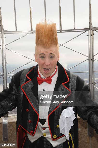 Comic daredevil Bello Nock visits the Observation Deck of The Empire State Building on March 19, 2013 in New York City.