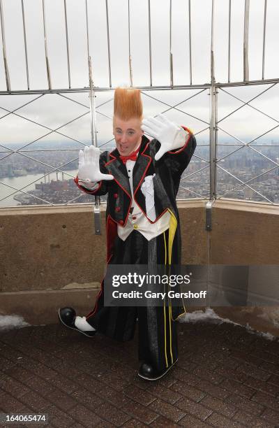 Comic daredevil Bello Nock visits the Observation Deck of The Empire State Building on March 19, 2013 in New York City.