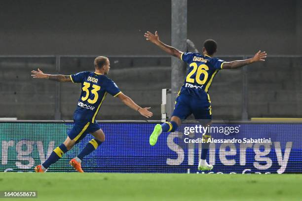 Ondrej Duda of AS Roma celebrates after scoring the team's first goal during the Serie A TIM match between Hellas Verona FC and AS Roma at Stadio...
