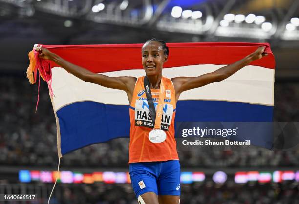 Silver medalist Sifan Hassan of Team Netherlands reacts after competing in the Women's 5,000m Final during day eight of the World Athletics...