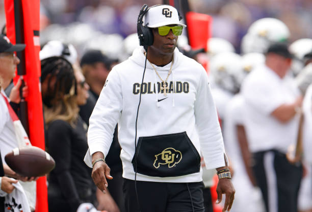 Head coach Deion Sanders of the Colorado Buffaloes watches action against the TCU Horned Frogs during the first half at Amon G. Carter Stadium on...