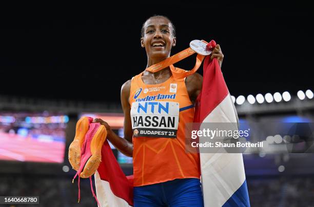 Silver medalist Sifan Hassan of Team Netherlands reacts after competing in the Women's 5,000m Final during day eight of the World Athletics...