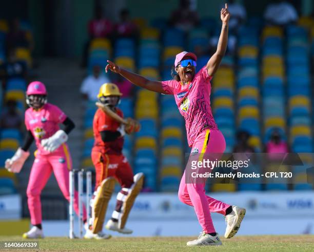Hayley Matthews of Barbados Royals celebrates the dismissal of Anisa Mohammed of Trinbago Knight Riders during the Women's 2023 Massy Caribbean...
