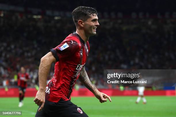 Christian Pulisic of AC Milan celebrates after scoring the team's first goal during the Serie A TIM match between AC Milan and Torino FC at Stadio...