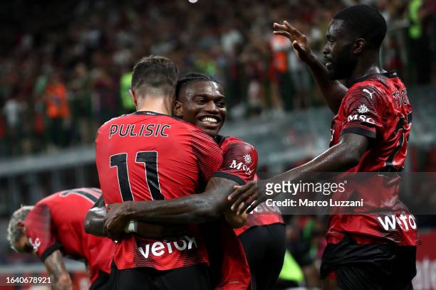 Christian Pulisic of AC Milan celebrates with Rafael Leao and Fikayo Tomori of AC Milan after scoring the team's first goal during the Serie A TIM...