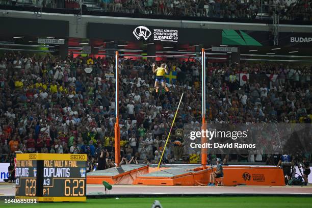 Armand Duplantis of Team Sweden competes in the Men's Pole Vault Final during day eight of the World Athletics Championships Budapest 2023 at...