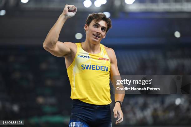 Gold medalist Armand Duplantis of Team Sweden celebrates winning the Men's Pole Vault Final during day eight of the World Athletics Championships...