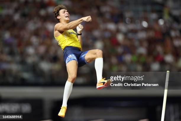 Armand Duplantis of Team Sweden reacts in the Men's Pole Vault Final during day eight of the World Athletics Championships Budapest 2023 at National...
