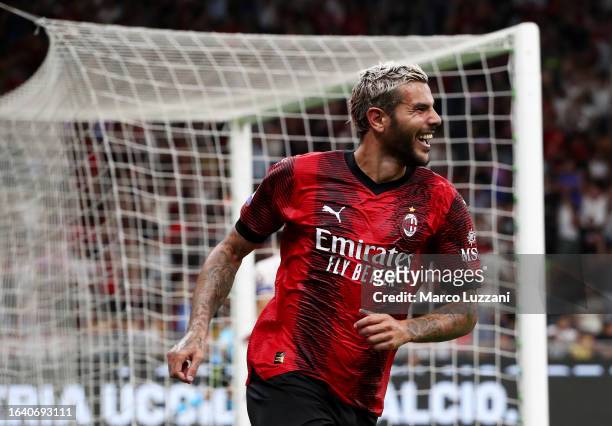 Theo Hernandez of AC Milan celebrates after scoring the team's third goal during the Serie A TIM match between AC Milan and Torino FC at Stadio...