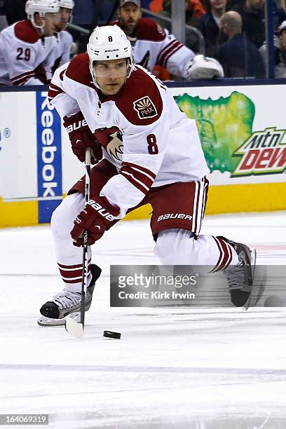 Matthew Lombardi of the Phoenix Coyotes controls the puck during the game against the Columbus Blue Jackets on March 16, 2013 at Nationwide Arena in...