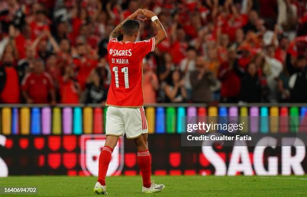 Angel Di Maria of SL Benfica celebrates after scoring a goal during the Liga Portugal Betclic match between SL Benfica and Vitoria SC at Estadio da...
