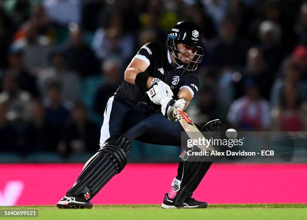 Max Holden of Manchester Originals bats during The Hundred Eliminator match between Manchester Originals Men and Southern Brave Men at The Kia Oval...