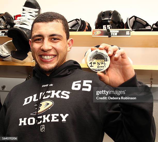 Emerson Etem of the Anaheim Ducks poses for a photo after the game against the San Jose Sharks on March 18, 2013 at Honda Center in Anaheim,...