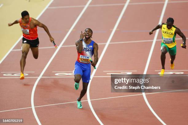 Noah Lyles of Team United States reacts after winning the Men's 4x100m Relay Final during day eight of the World Athletics Championships Budapest...