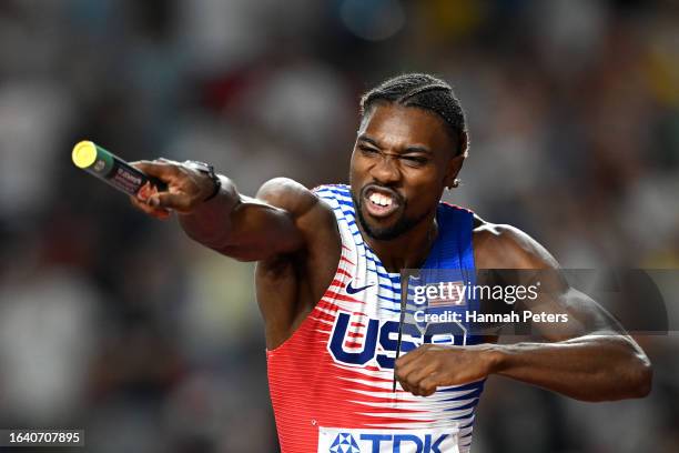 Noah Lyles of Team United States celebrates after winning the Men's 4x100m Relay Final during day eight of the World Athletics Championships Budapest...