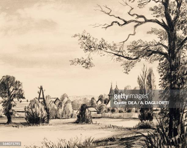 The countryside near Litomysl, birthplace of Bedrich Smetana . Engraving, 19th century. Prague, Muzeum Bedricha Smetany