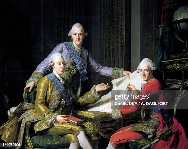 Gustav III of Sweden , King of Sweden with his brothers Frederick Adolf of Sweden , Swedish Prince and Duke of Ostergoland and Charles XIII of Sweden...