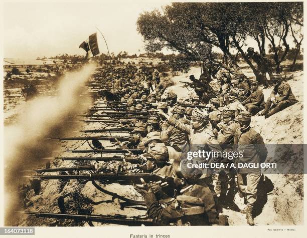 Italian infantry in the trenches, Italian propaganda postcard. Italo-Turkish War , Libya, 20th century. Rovereto, Castello Museo Storico Italiano...