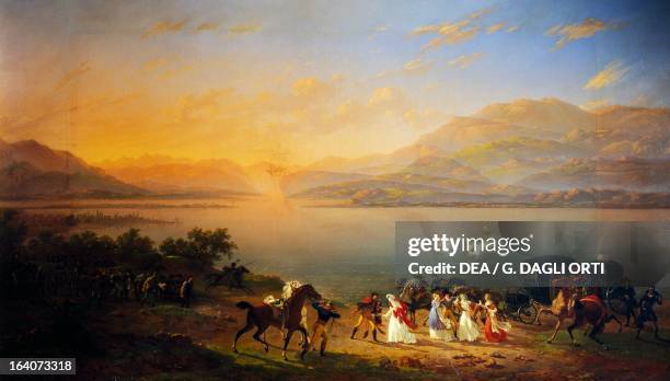 Empress Josephine arriving to visit Napoleon in Italy on the banks of Lake Garda, July 30 oil on canvas, by Hippolyte Lecomte , 111x192 cm. French...