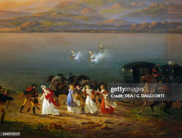 Empress Josephine arriving to visit Napoleon in Italy on the banks of Lake Garda, July 30 oil on canvas, by Hippolyte Lecomte , 111x192 cm. French...