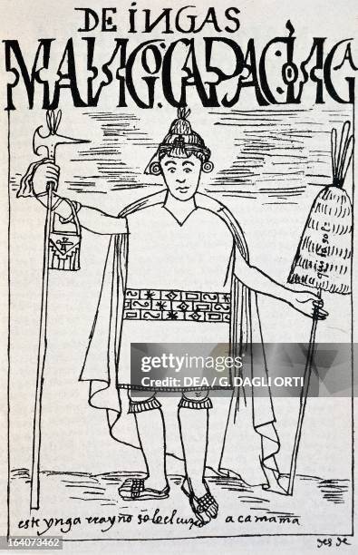 The mythical figure of Manco Capac, the first Inca emperor and founder of the city of Cuzco, engraving from The first new chronicle and good...