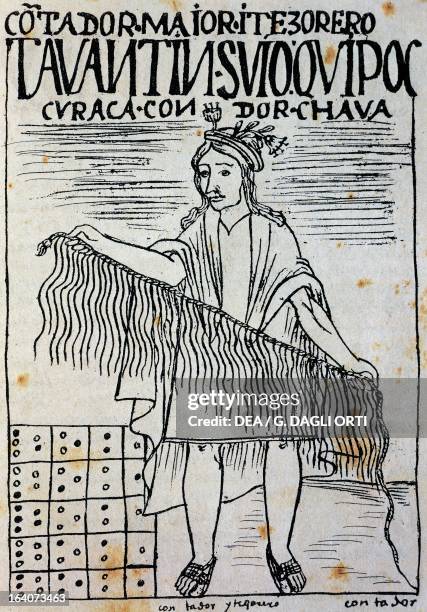 Inca with a quipu , engraving from The first new chronicle and good government, by Felipe Guaman Poma de Ayala . South America, 16th century.