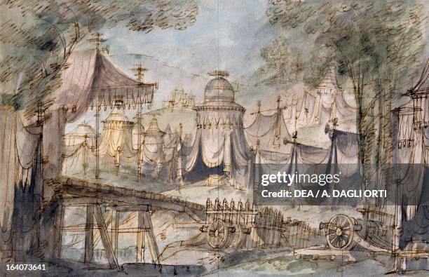 Set design by Francesco Bagnara for the third scene of L'ultimo giorno di Missolungi , opera by Gaetano Donizetti , performed at La Fenice Theatre in...