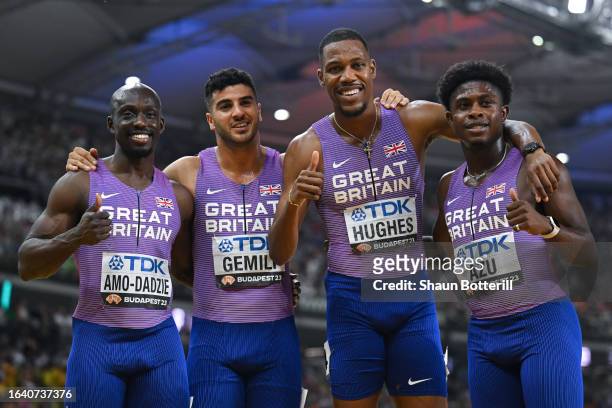 Eugene Amo-Dadzie, Adam Gemili, Zharnel Hughes, and Jeremiah Azu of Team Great Britain pose for a photo after the Men's 4x100m Relay Final during day...