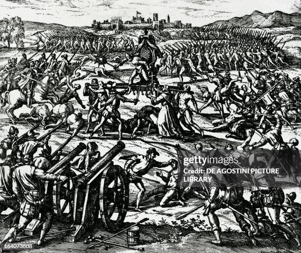 Francisco Pizarro's troops capturing the Inca Emperor Atahualpa during the Battle of Cajamarca, November 16 Peru, engraving from Peregrinationes, by...