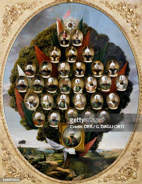 Genealogical tree of the first thirty Ottoman sultans, from Osman I to Mahmut II , painting, 1866-1867, Ottoman art, 19th century. Istanbul, Topkapi...