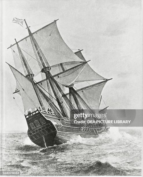 The Mayflower, the British ship that brought the first settlers from New England to America in 1620, engraving.