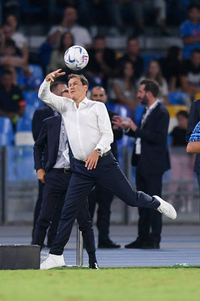 Rudi Garcia head coach of SSC Napoli keeps the ball with his hand during the Serie A Tim match between SSC Napoli and SS Lazio at Stadio Diego...