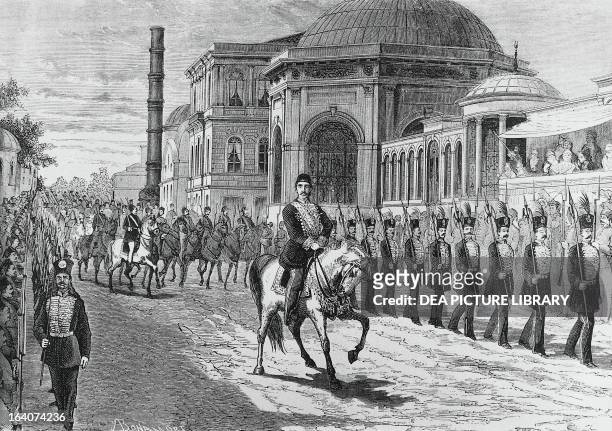Ottoman Sultan Abdul Hamid II in Constantinople during the celebrations for his accession to the throne in September 1876. Engraving by Antonio...