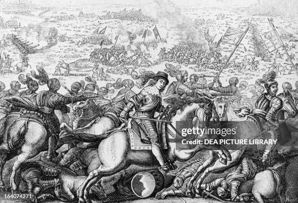 Battle of Rocroi, Louis de Bourbon, Prince of Conde's French, later the Grand Conde, defeating Don Francisco de Melo's Spanish engraving. Thirty...