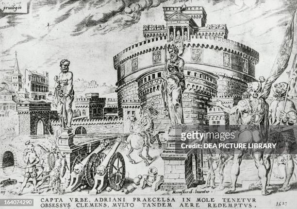 Landsknechte mercenaries besieging Castel Sant'Angelo during the Sack of Rome engraving. Italy, 16th century.