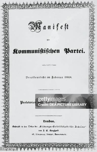 The Communist Manifesto by Karl Marx and Friedrich Engels, title page of the first edition published in London in 1848. 19th century.