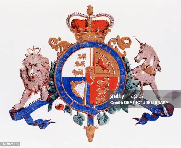 British royal coat of arms of the United Kingdom, in the first and fourth sector of the shield are the three lions passant, in the second the rampant...